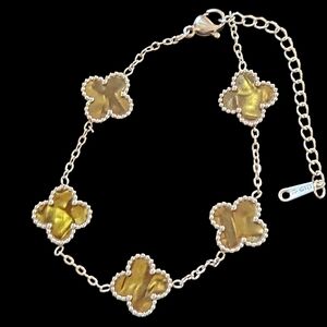 Natural Tigers Eye Stainless Steel Clover Bracelet